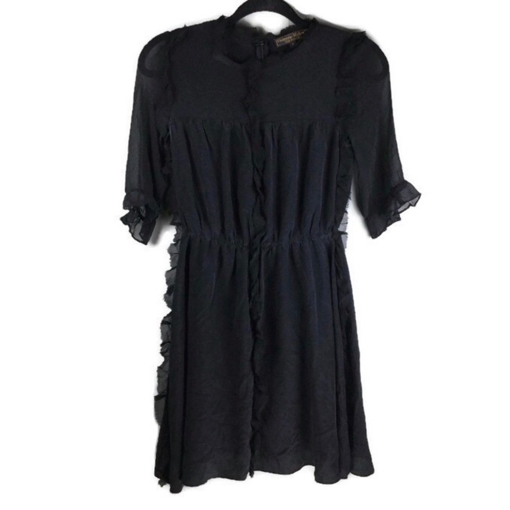 Vivienne Midow 100% Silk Ruffle Raw Trim Sheer Sleeve Black Mini Dress Size 2